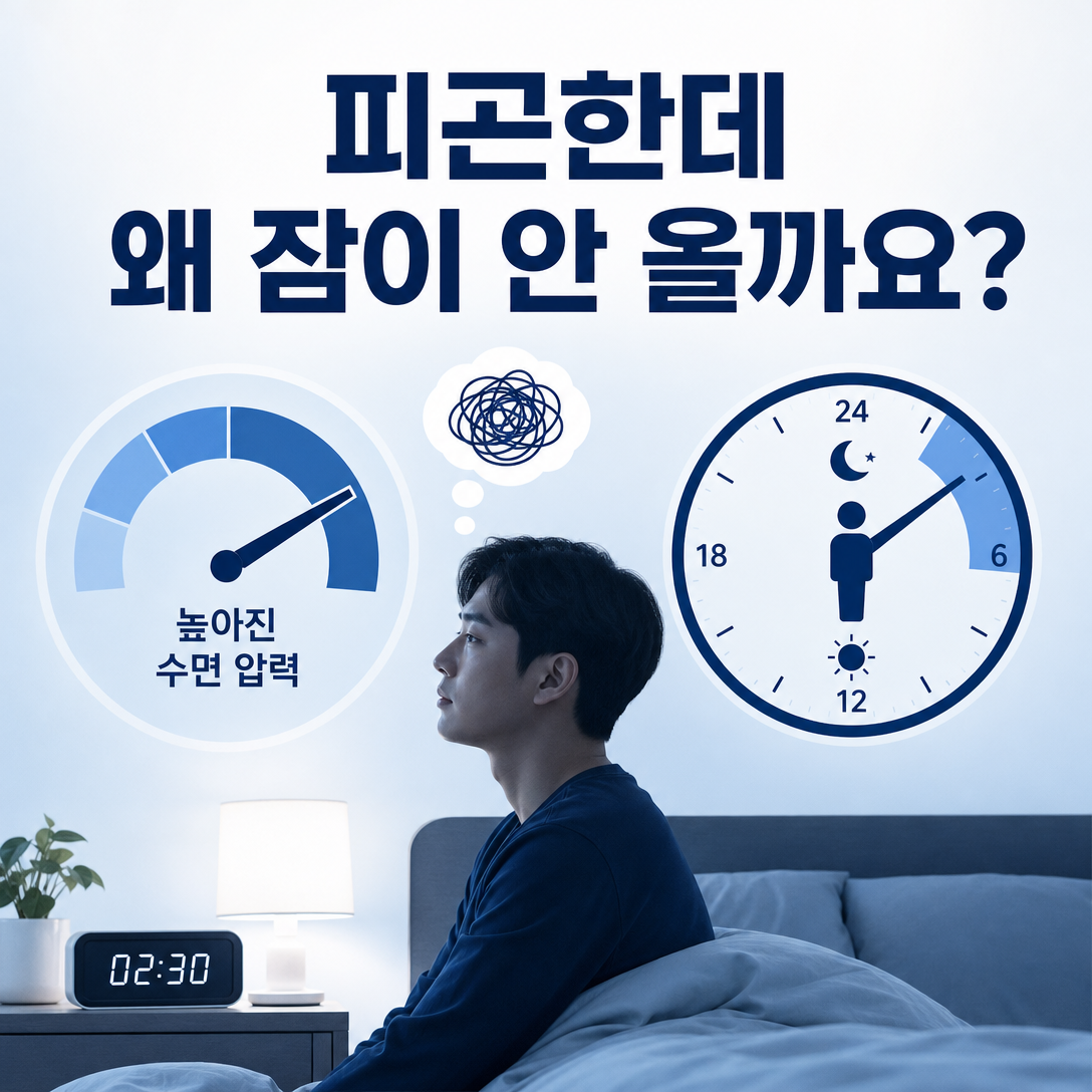 수면 압력은 높지만 생체시계상 이른 시간이라 잠들지 못하는 상황을 설명한 대표 이미지