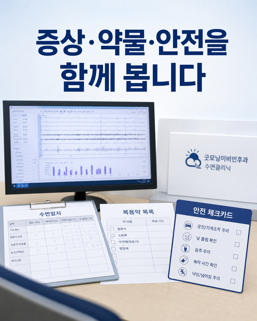 수면일지와 약물, 안전 문제, 검사 결과를 함께 검토하는 진료 관점