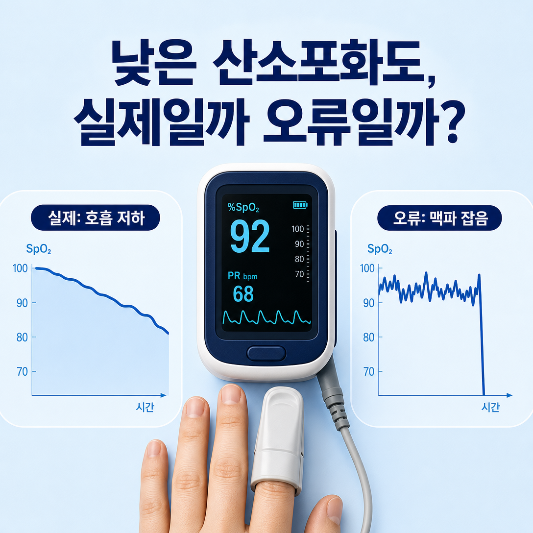 수면검사에서 낮은 산소포화도의 실제 저하와 센서 오류를 비교한 대표 이미지