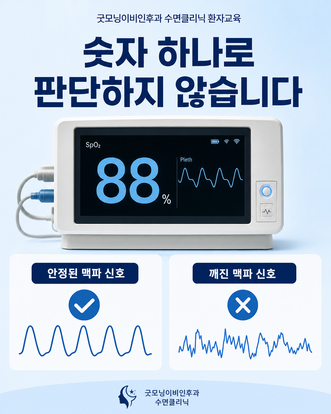 산소포화도 숫자와 맥파 신호 품질을 함께 확인해야 함을 보여주는 인포그래픽