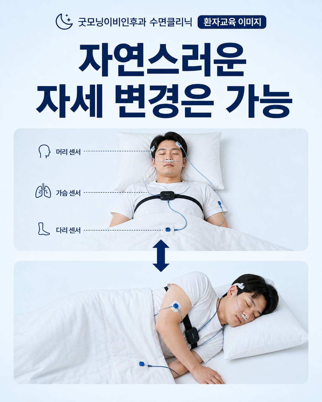 수면다원검사 중 바로 눕거나 옆으로 눕는 자연스러운 자세 변경 안내