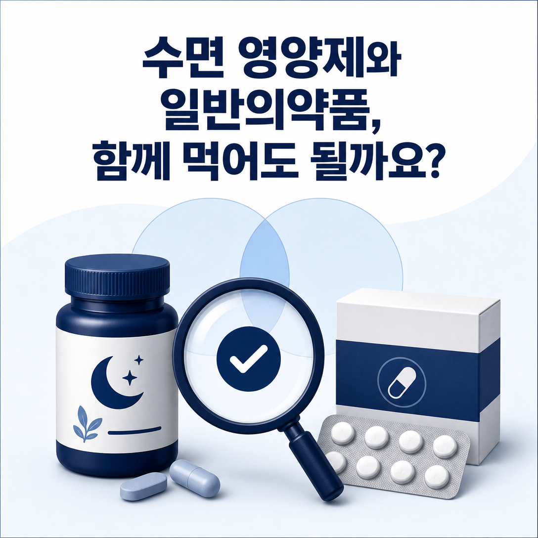 수면 보조 영양제와 일반의약품을 함께 복용하기 전 성분 중복 확인을 안내하는 대표 이미지