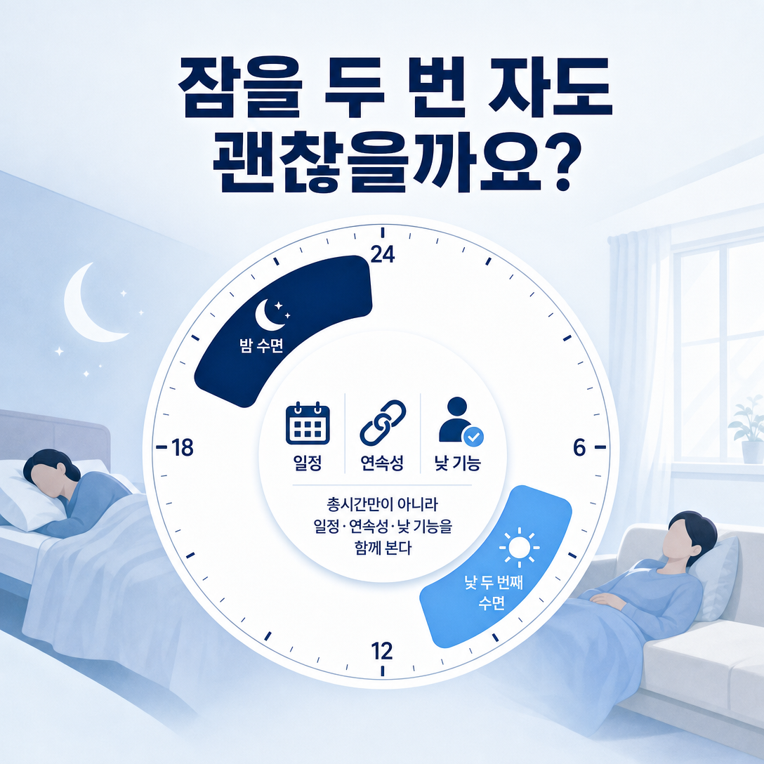 잠을 두 번 나누어 잘 때 총시간과 일정, 연속성, 낮 기능을 함께 살펴야 함을 보여주는 대표 이미지