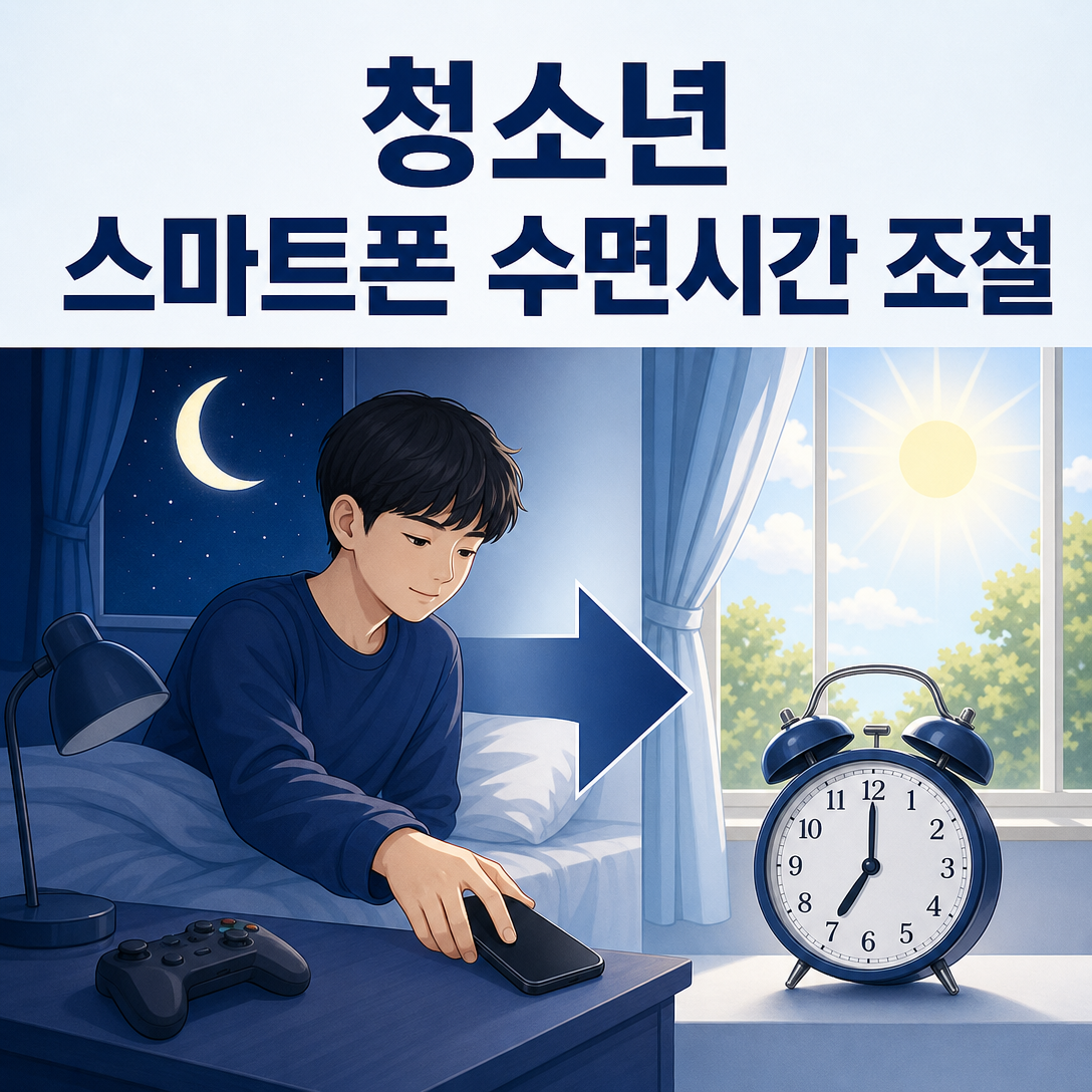 밤늦게 스마트폰과 게임을 사용하는 청소년의 수면시간 조절을 표현한 대표 이미지