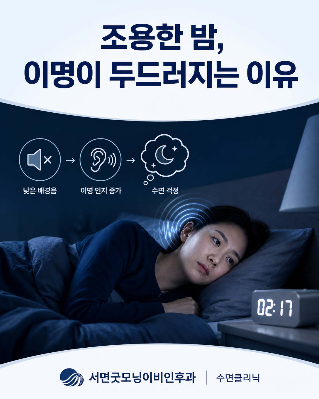 조용한 밤에 이명에 대한 주의와 수면 걱정이 커지는 과정을 나타낸 이미지