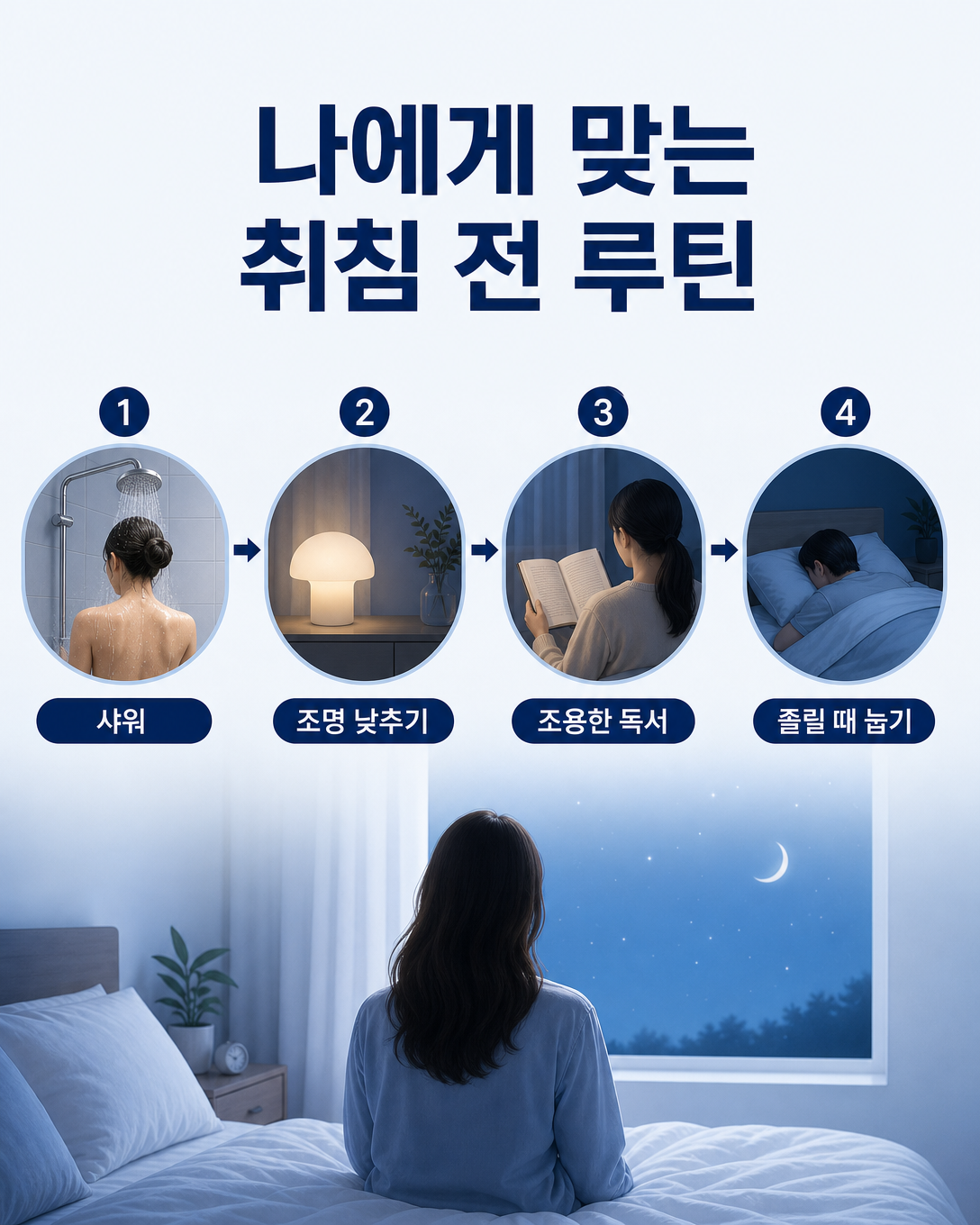 샤워 후 조명을 낮추고 조용한 활동을 하는 취침 전 수면 습관