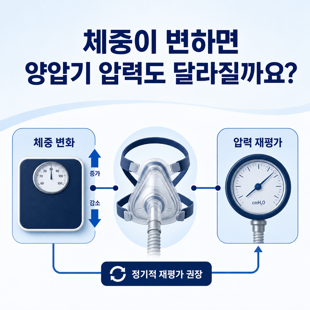 체중 변화가 있을 때 양압기 압력과 치료 계획의 재평가 필요성을 나타낸 대표 이미지