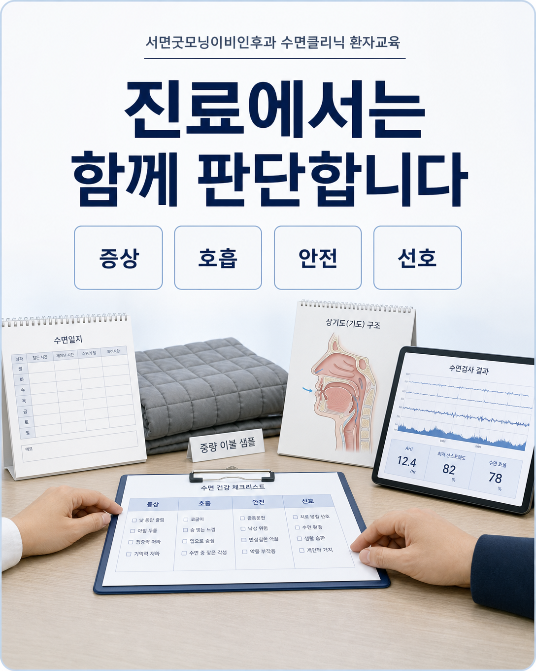 수면 증상과 호흡, 중량 이불의 안전성 및 환자 선호를 함께 판단하는 진료 관점 이미지