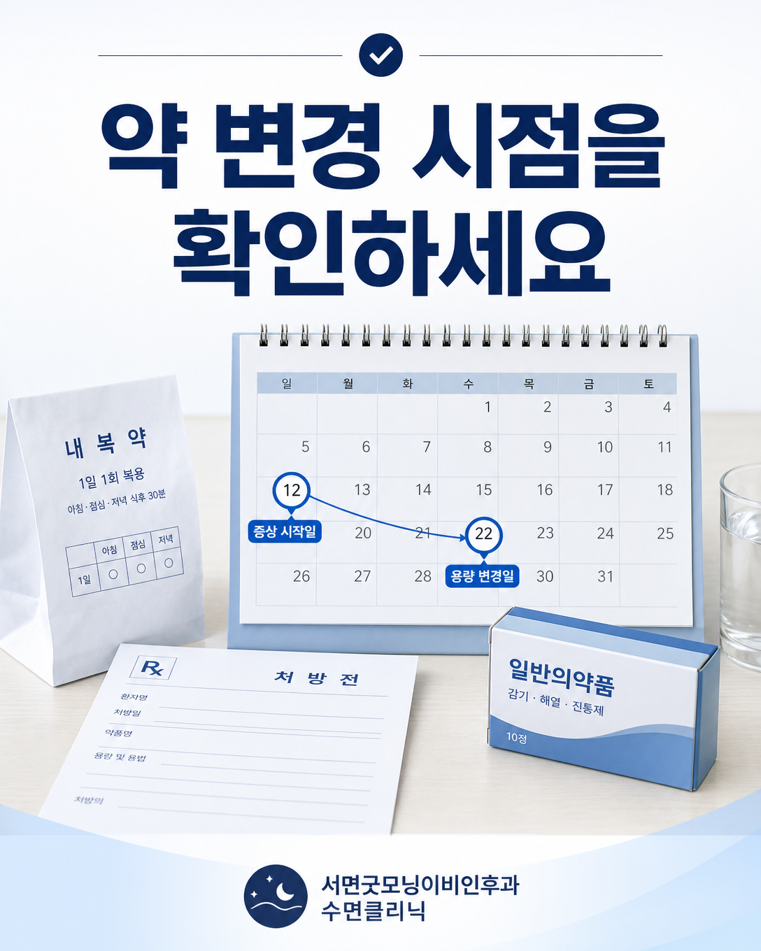 복용약 시작일과 용량 변경 시점을 증상 발생일과 대조하는 이미지