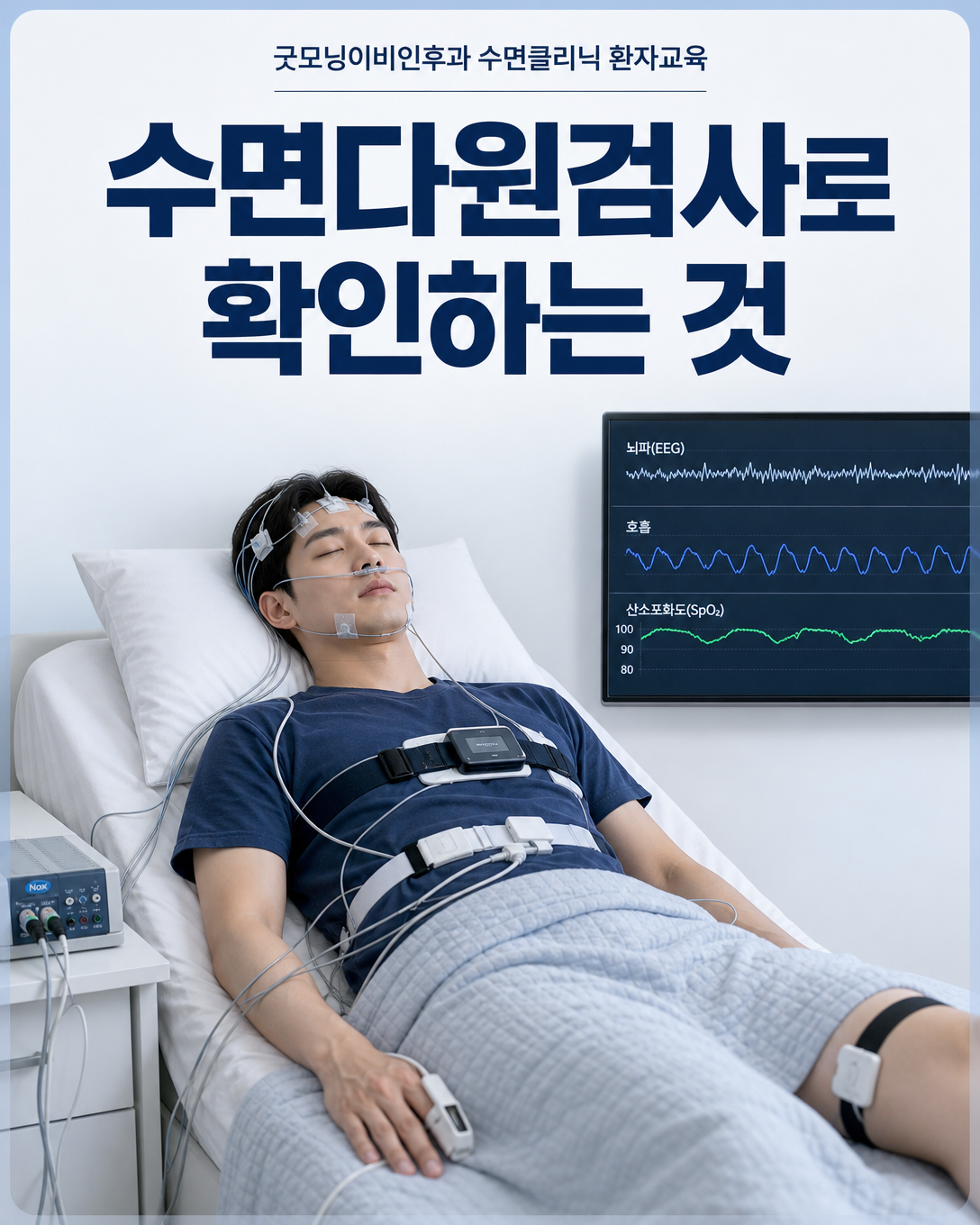 젊은 성인이 수면다원검사 센서를 착용하고 뇌파와 호흡 및 산소포화도를 측정하는 장면