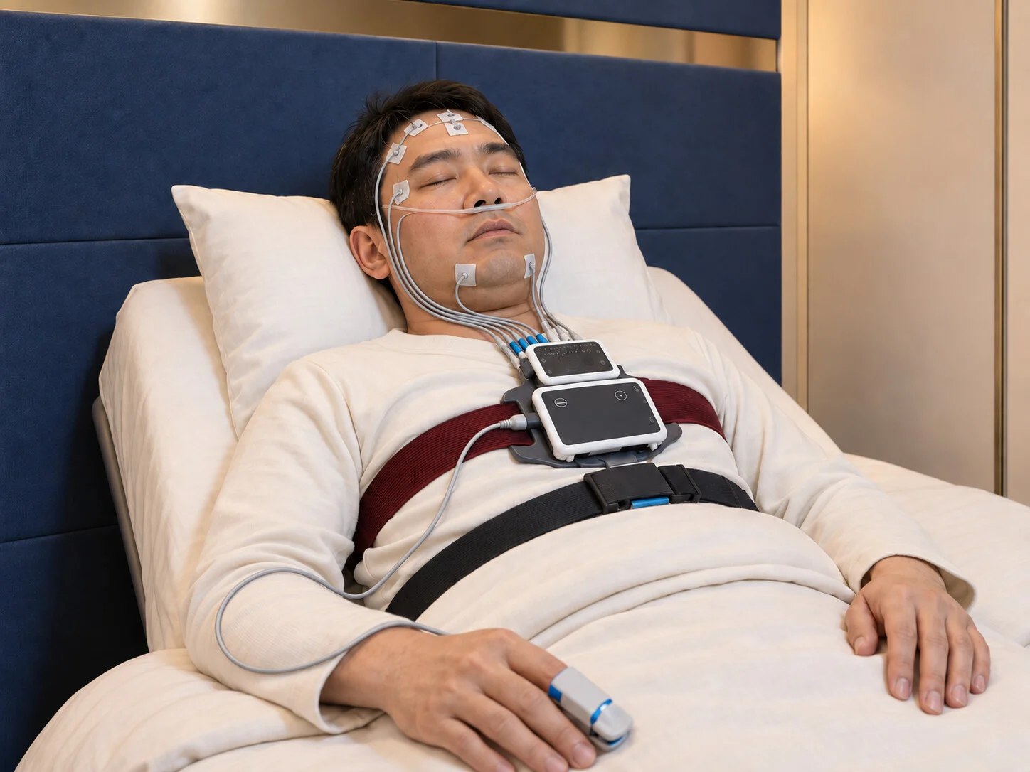 가슴 기록장치에 센서 선이 연결된 상태로 수면다원검사를 받는 중년 한국인 남성 안내 장면