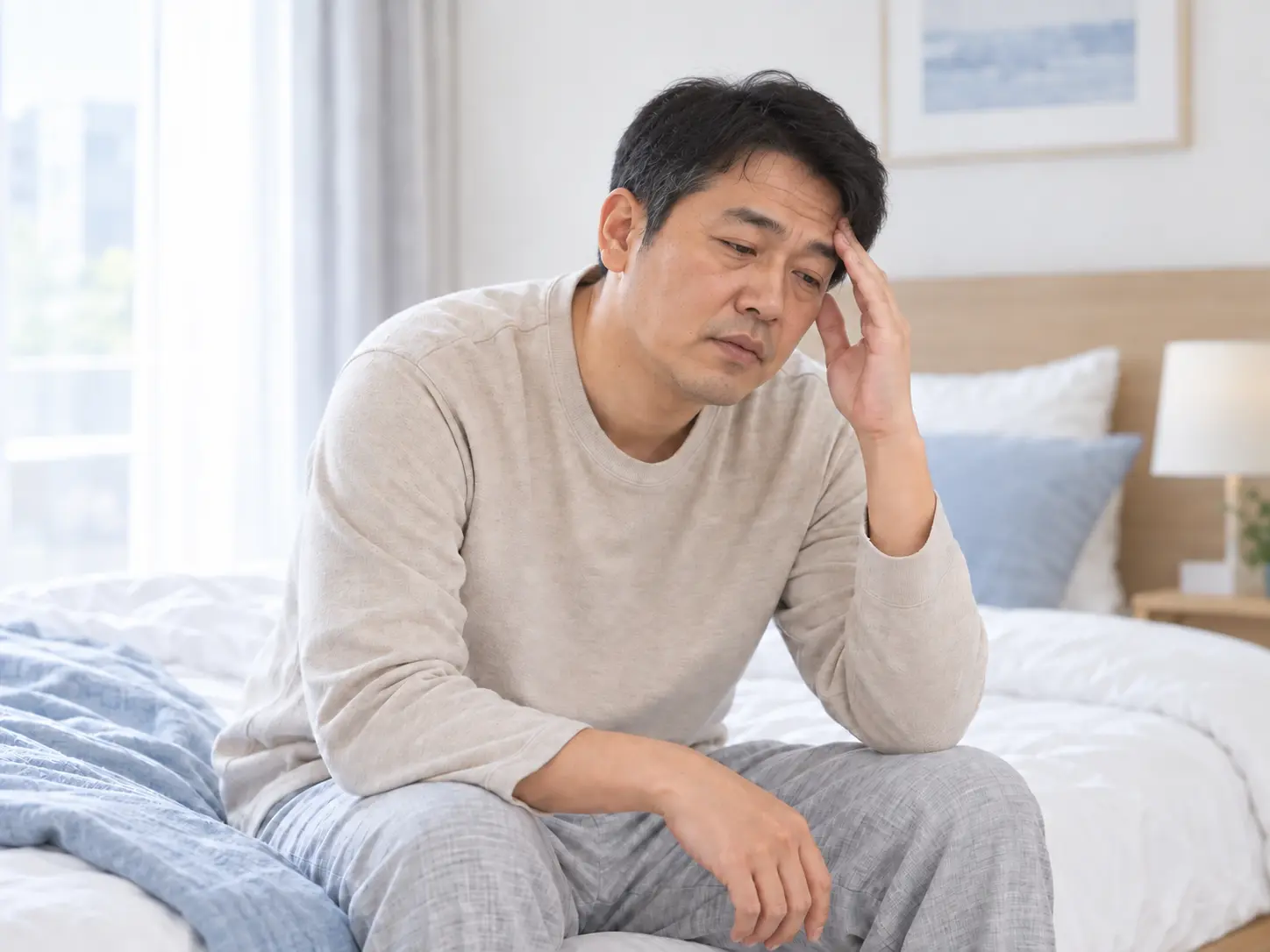 아침에 잠에서 깬 뒤 개운하지 않은 느낌을 살피는 중년 한국인 남성 안내 장면