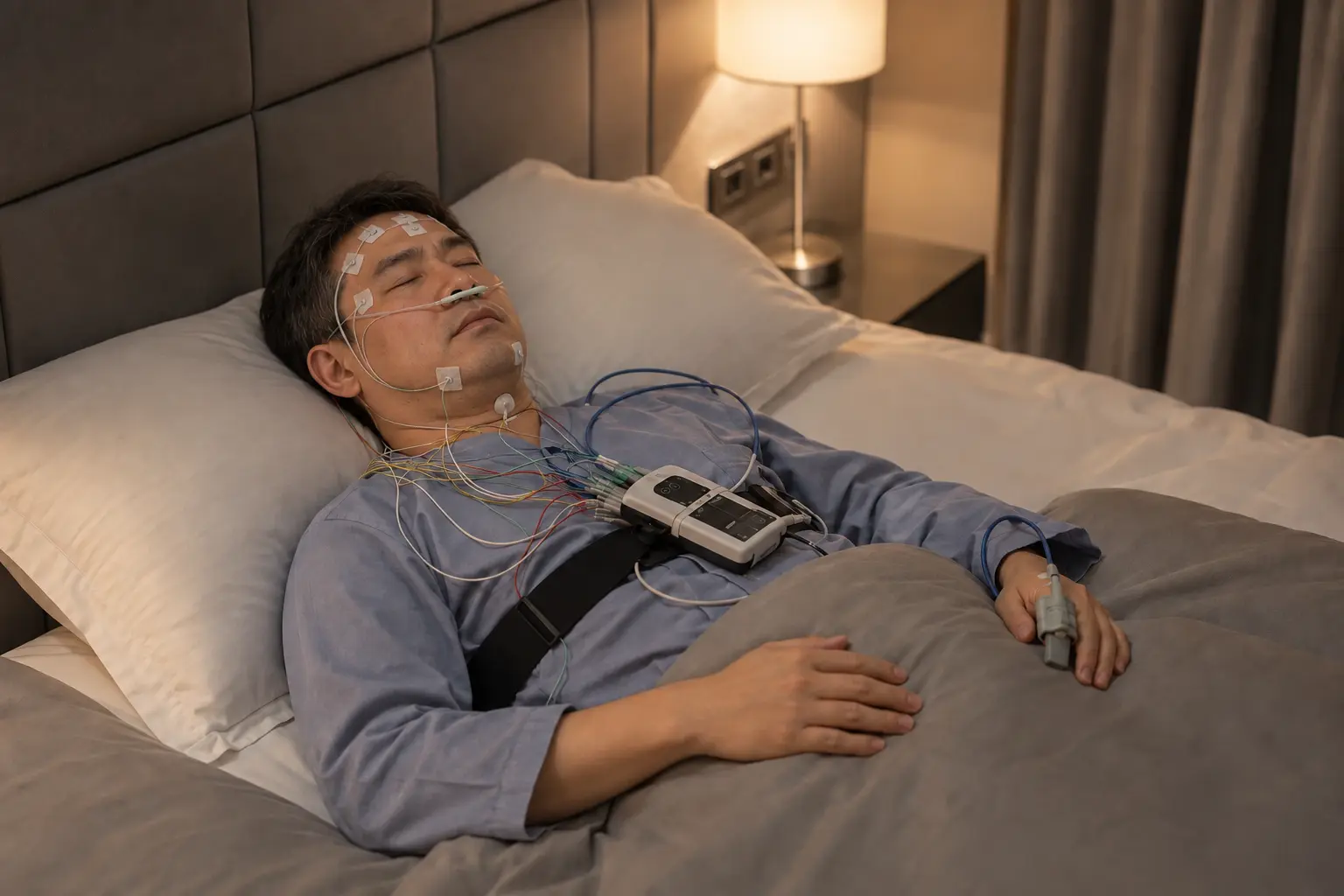 센서를 착용하고 잠자는 동안 생체신호를 기록하는 설명 장면
