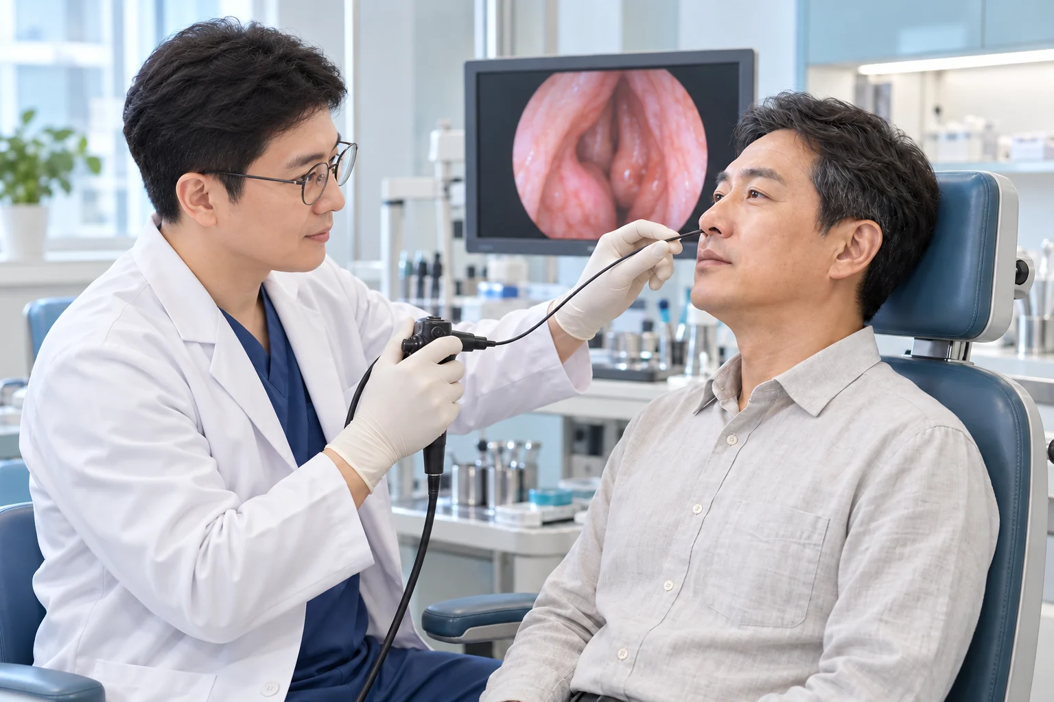 정재환 원장님의 외형을 참고한 비강·상기도 진찰 설명 장면