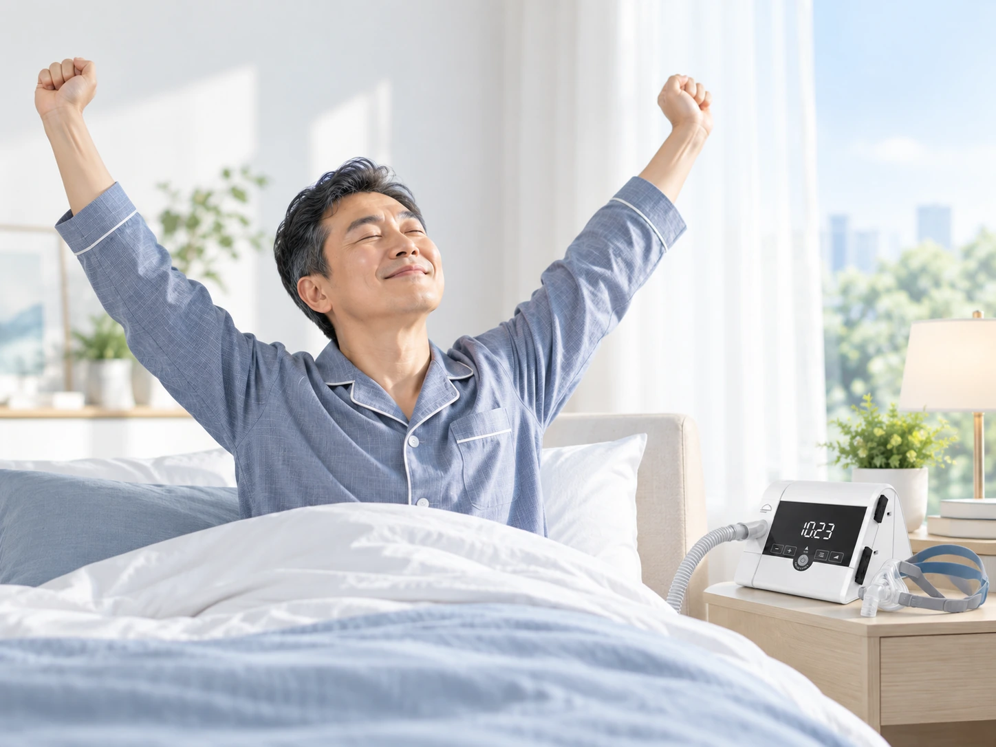 양압기 사용 후 상쾌하게 아침을 맞이하는 중년 남성과 bedside 양압기 장면
