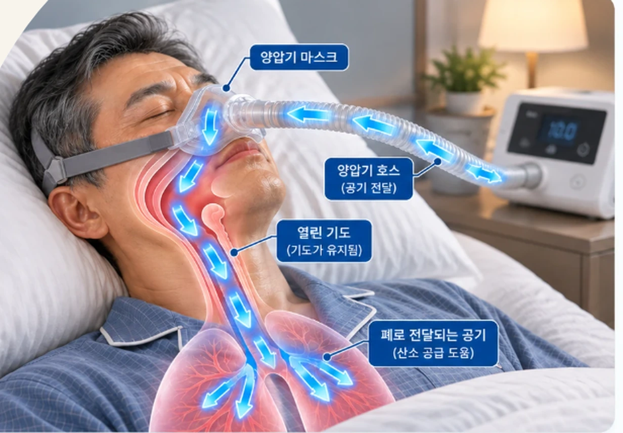 양압기에서 나온 공기가 호스와 마스크를 지나 상기도를 열고 폐 방향으로 전달되는 원리를 설명한 반실사 의료 이미지