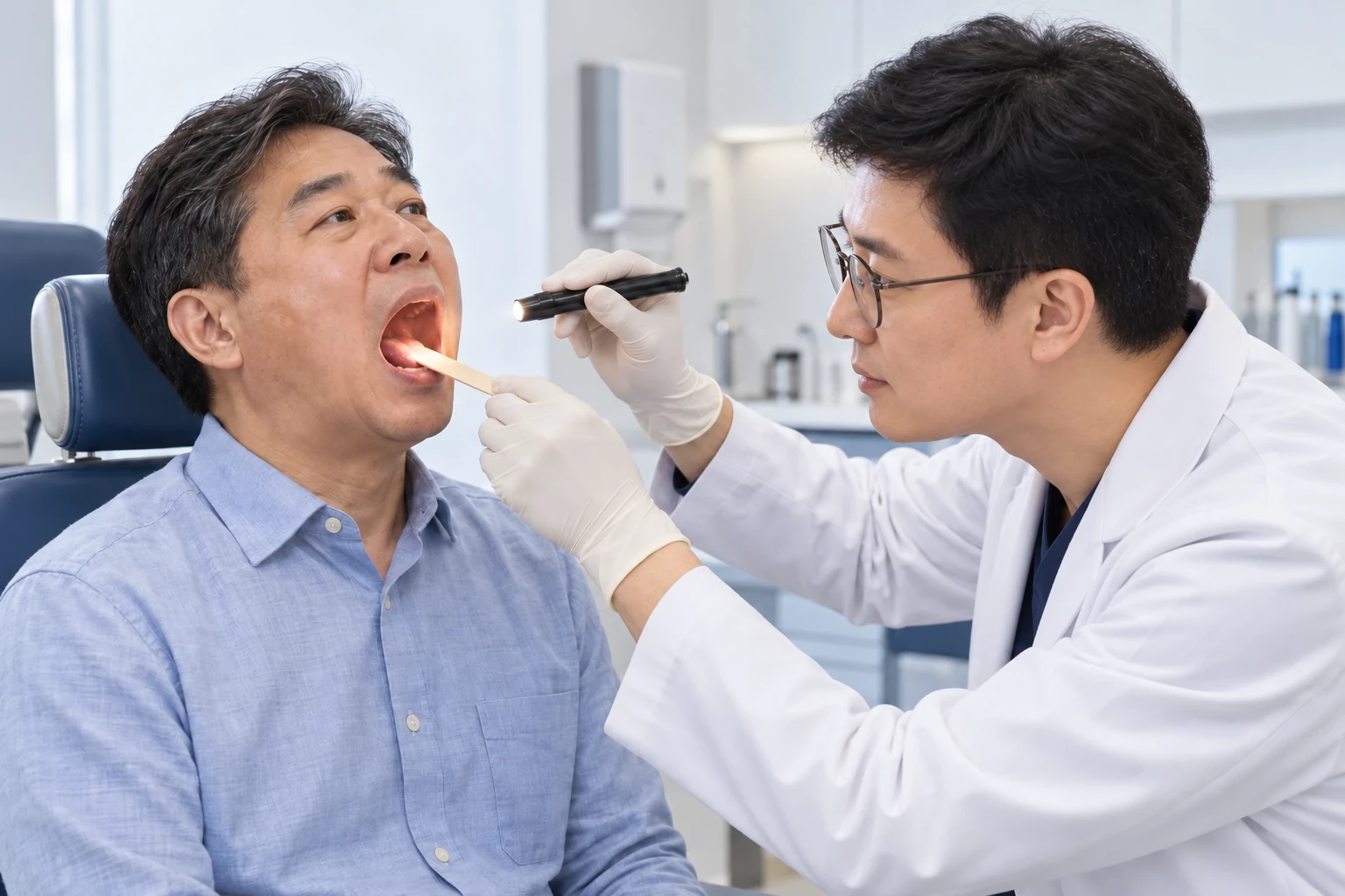 정재환 원장 외형을 참고한 코골이 구강·인두 진찰 장면