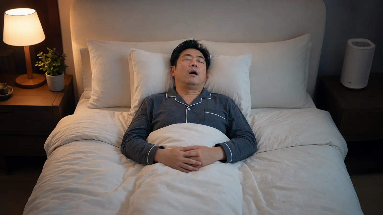 바로 누워 코를 고는 중년 한국인 남성의 기존 홈페이지 안내 사진