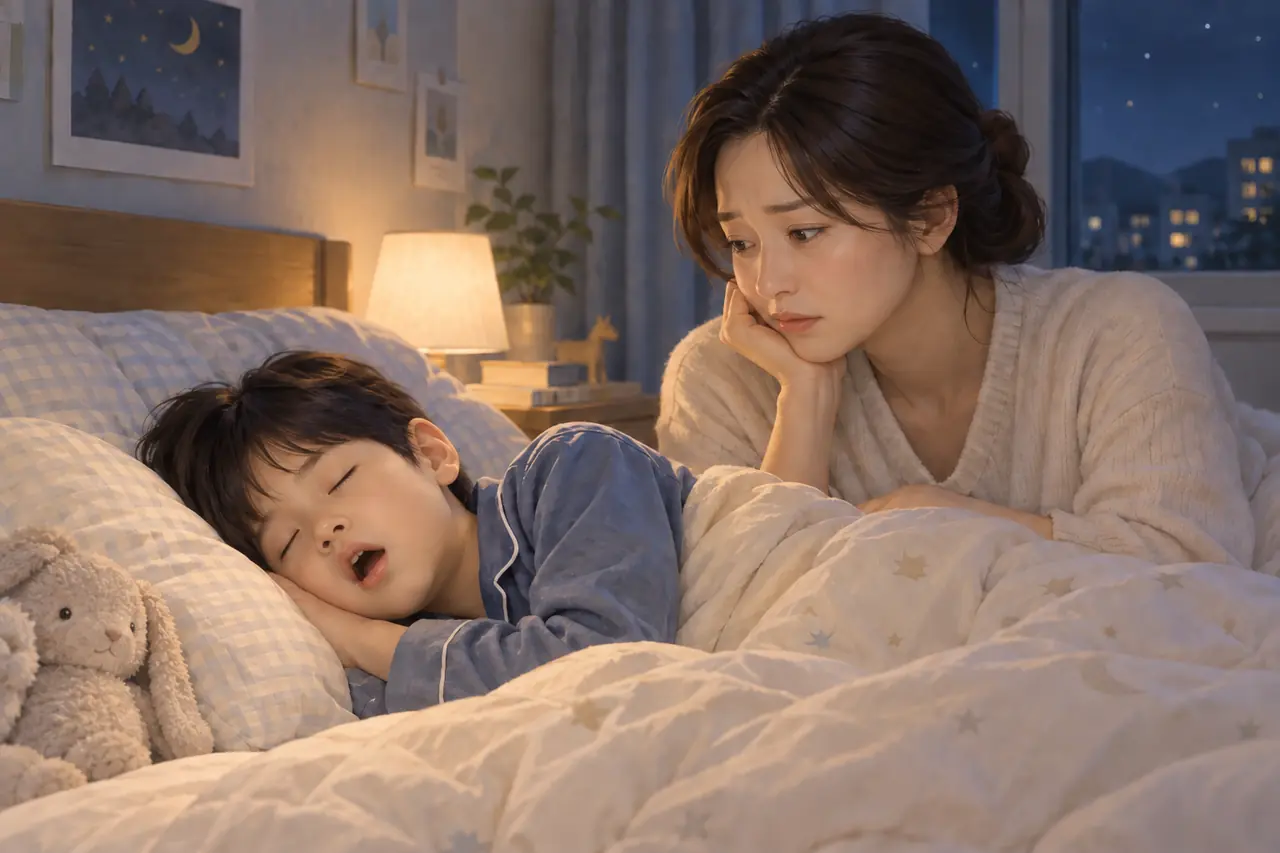 입을 벌리고 코를 고는 아이를 걱정스러운 표정으로 지켜보는 엄마의 소아 수면 안내 일러스트
