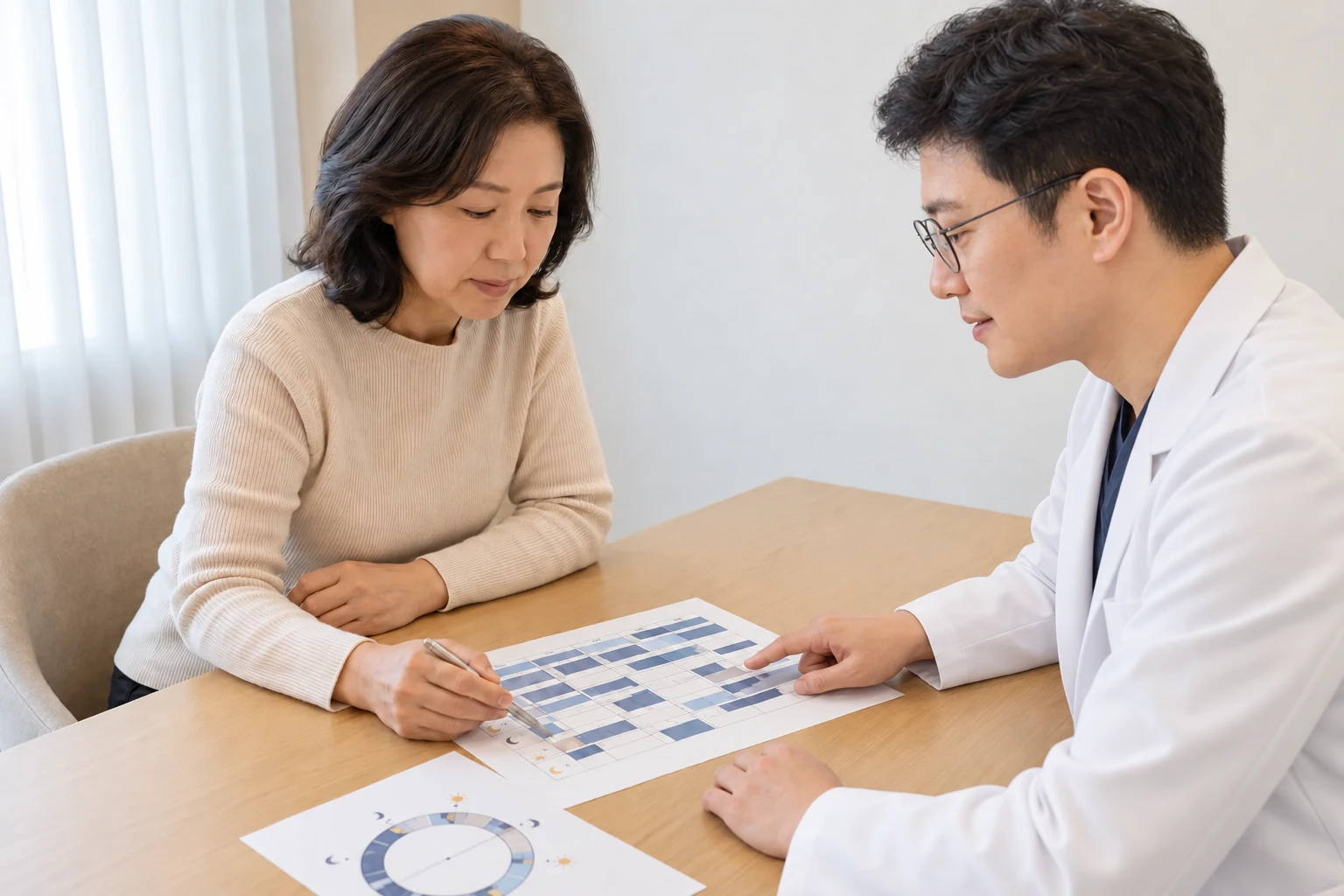 정재환 원장 외형을 참고한 수면일지 및 생활리듬 상담 장면