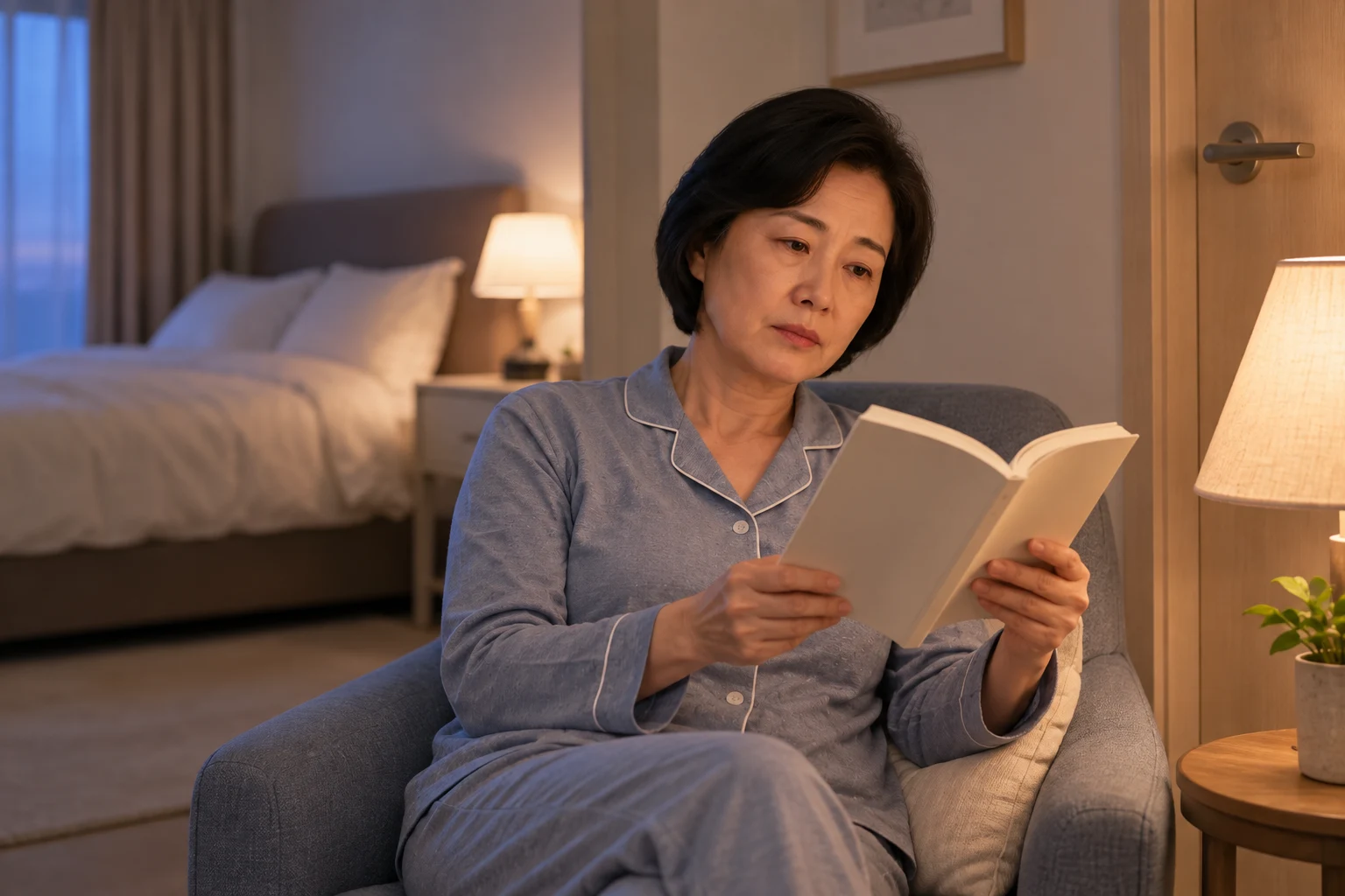 한국인 여성이 침대 밖 의자에서 부드러운 조명 아래 조용히 책을 읽는 자극조절 안내 장면