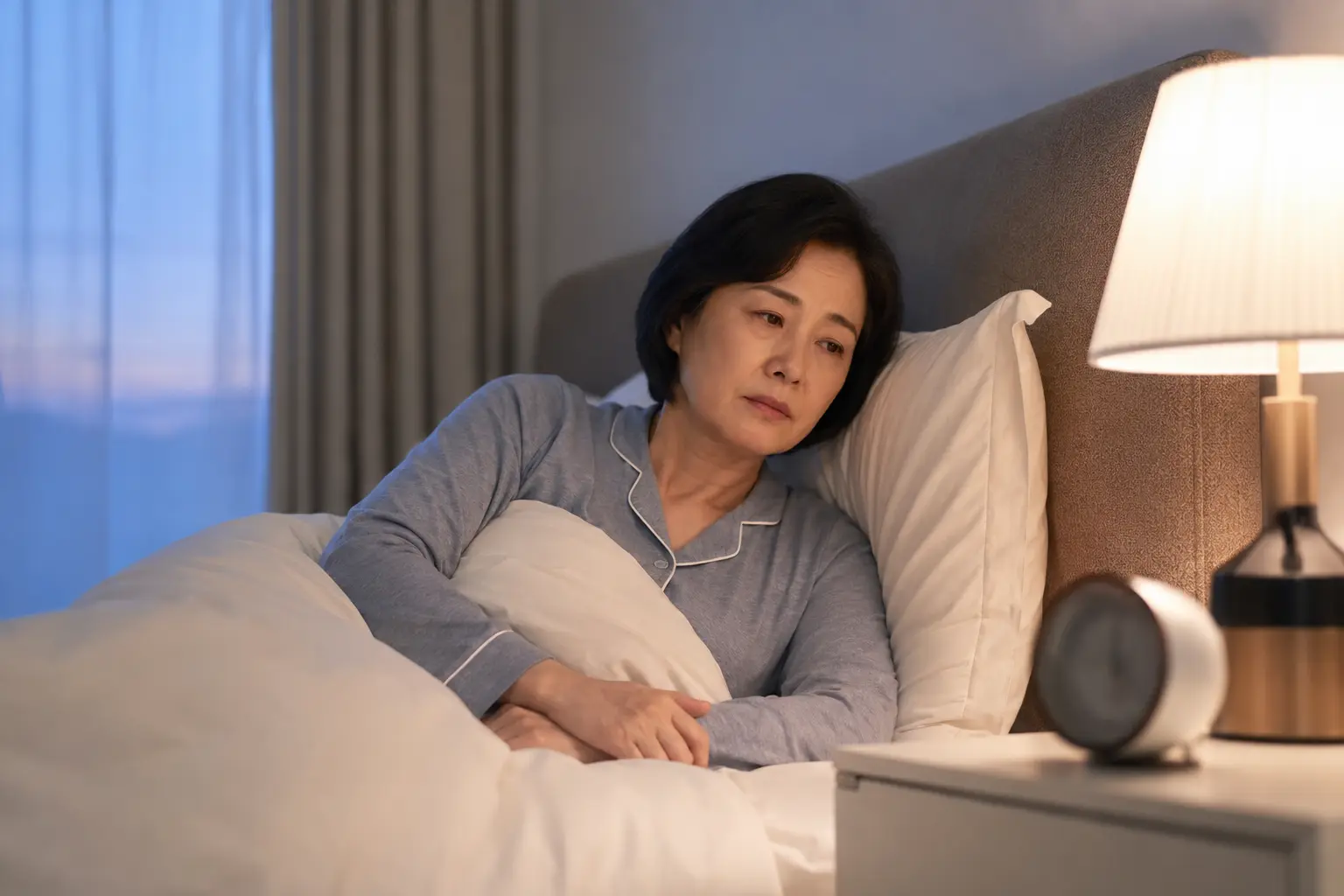 새벽에 깨어 다시 잠들기 어려워하는 한국인 여성