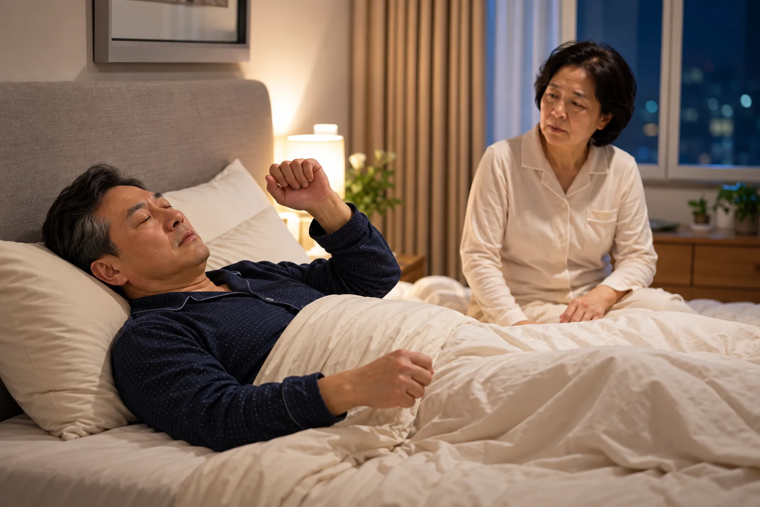 중년 한국인 남성의 수면 중 팔 움직임을 동반자가 거리를 두고 관찰하는 안내 장면