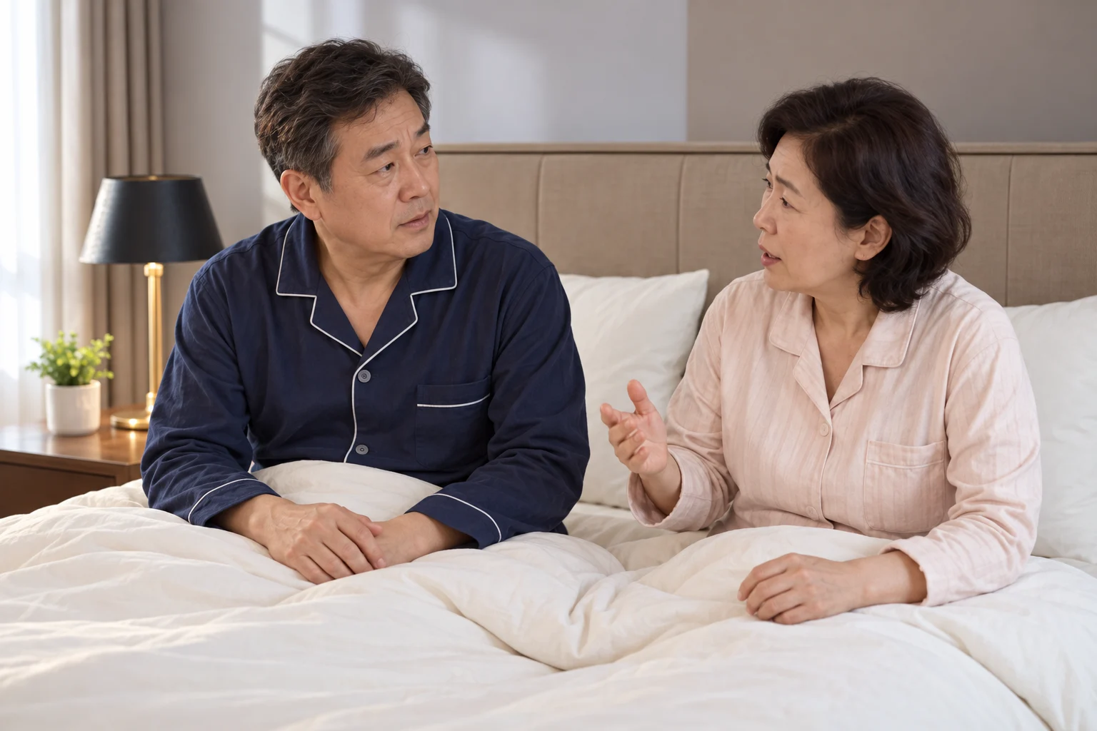 중년 한국인 부부가 깨어 있는 상태에서 밤에 관찰한 행동을 차분히 이야기하는 장면